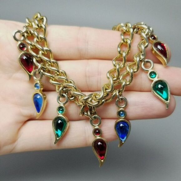 Vintage Jewel Tone Rhinestone Charm Bracelet, Two Strand Gold Tone Toggle Clasp - Picture 2 of 6